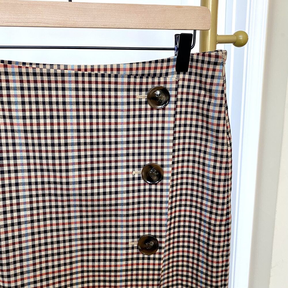 Ann Taylor Factory Plaid Faux Wrap Front Skirt Button Closure Size 6P - Picture 3 of 11